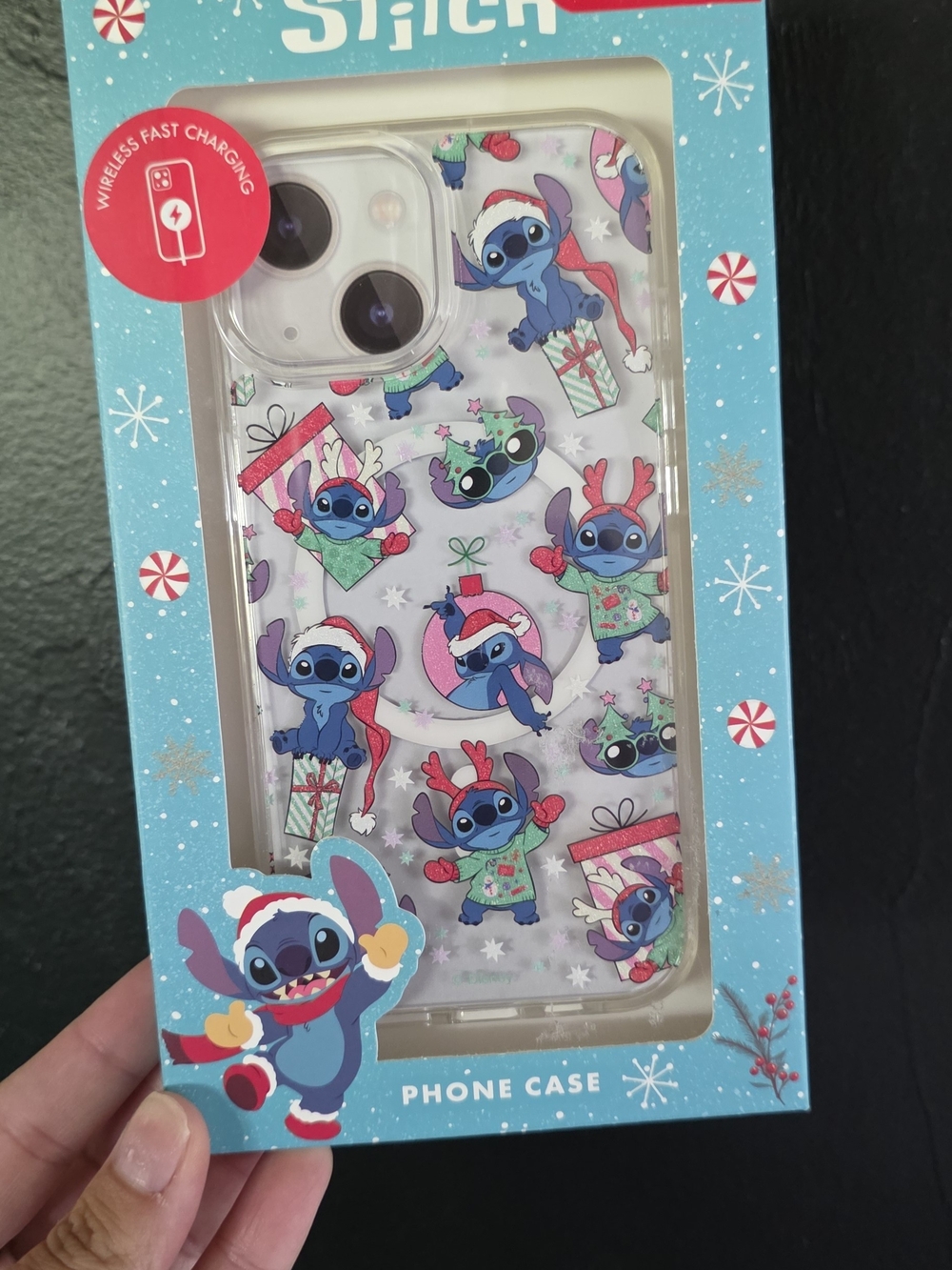 Disney Holiday Stitch Clear Phone Case with Blue, Red, Green Accents